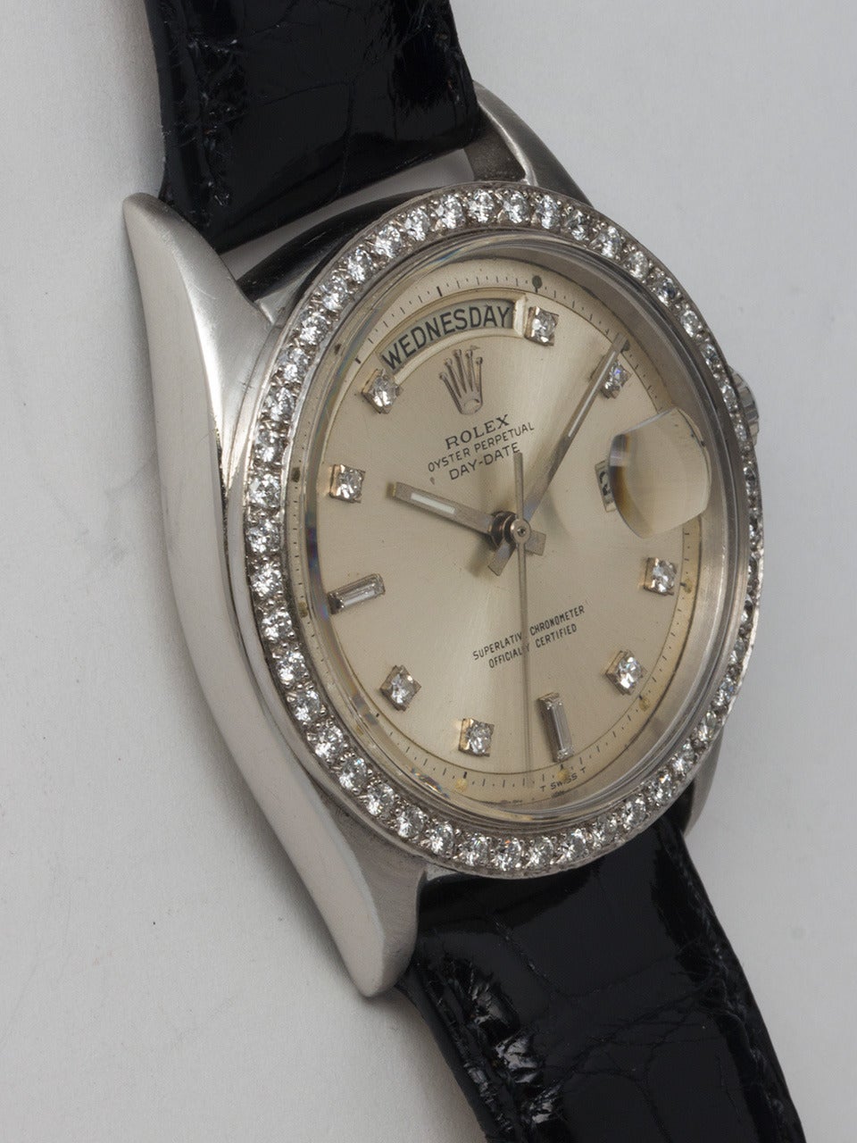 Rolex Platinum Day-Date President Wristwatch, Ref. 1804, serial number 1.5 million, circa 1968. With factory two-tone silvered satin diamond-set pie-pan dial, factory 18k white gold diamond bezel. Stunning full-size 36mm diameter case, acrylic