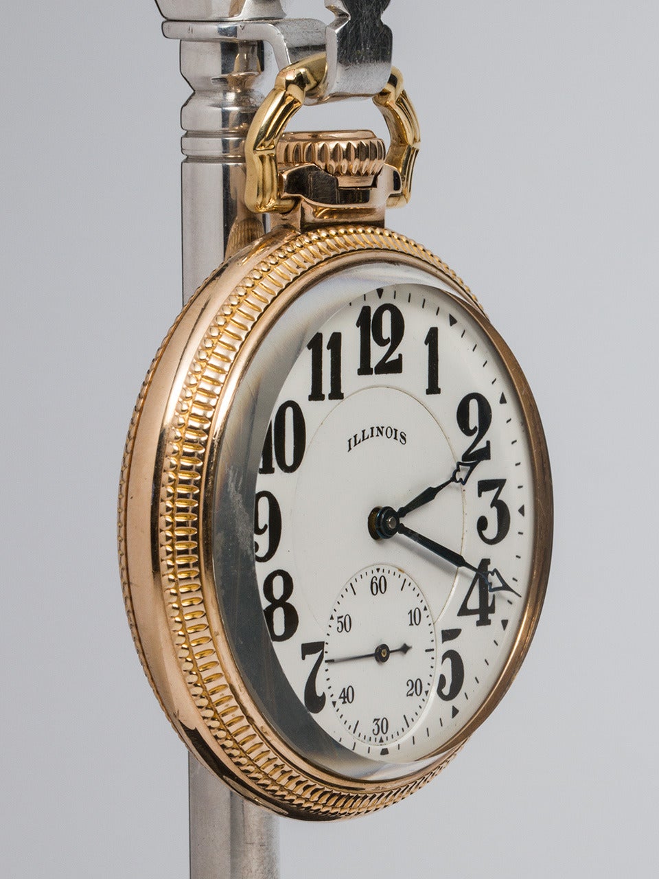 Illinois yellow gold-filled railroad-grade Bunn Special pocket watch. Featuring double-sunk illionis dial with large black Arabic numerals, 21-jewel lever-set Bunn Special movement. Great looking high-grade model certified for use on America's
