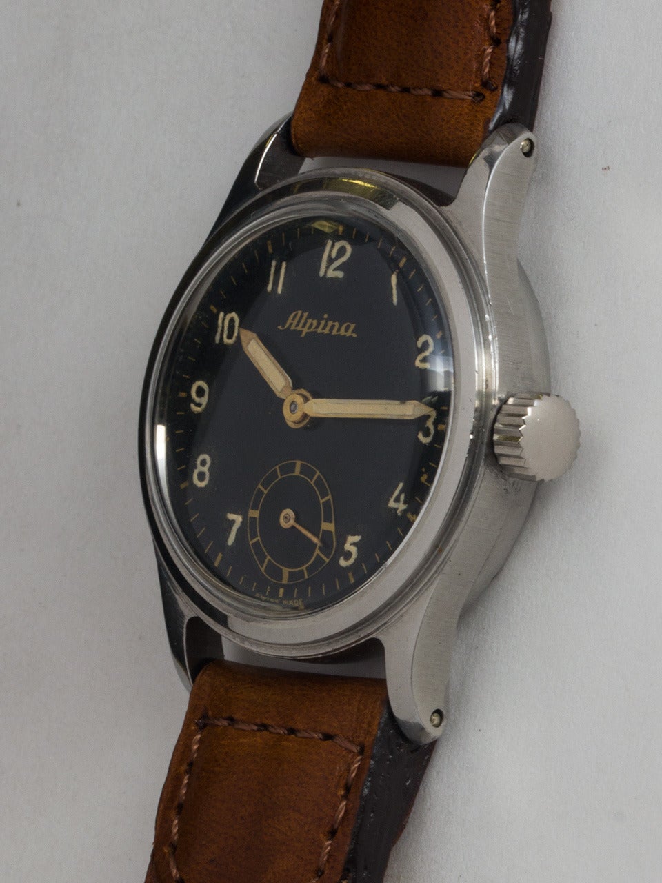 Alpina Stainless Steel Military Wristwatch circa 1940s In Excellent Condition In West Hollywood, CA