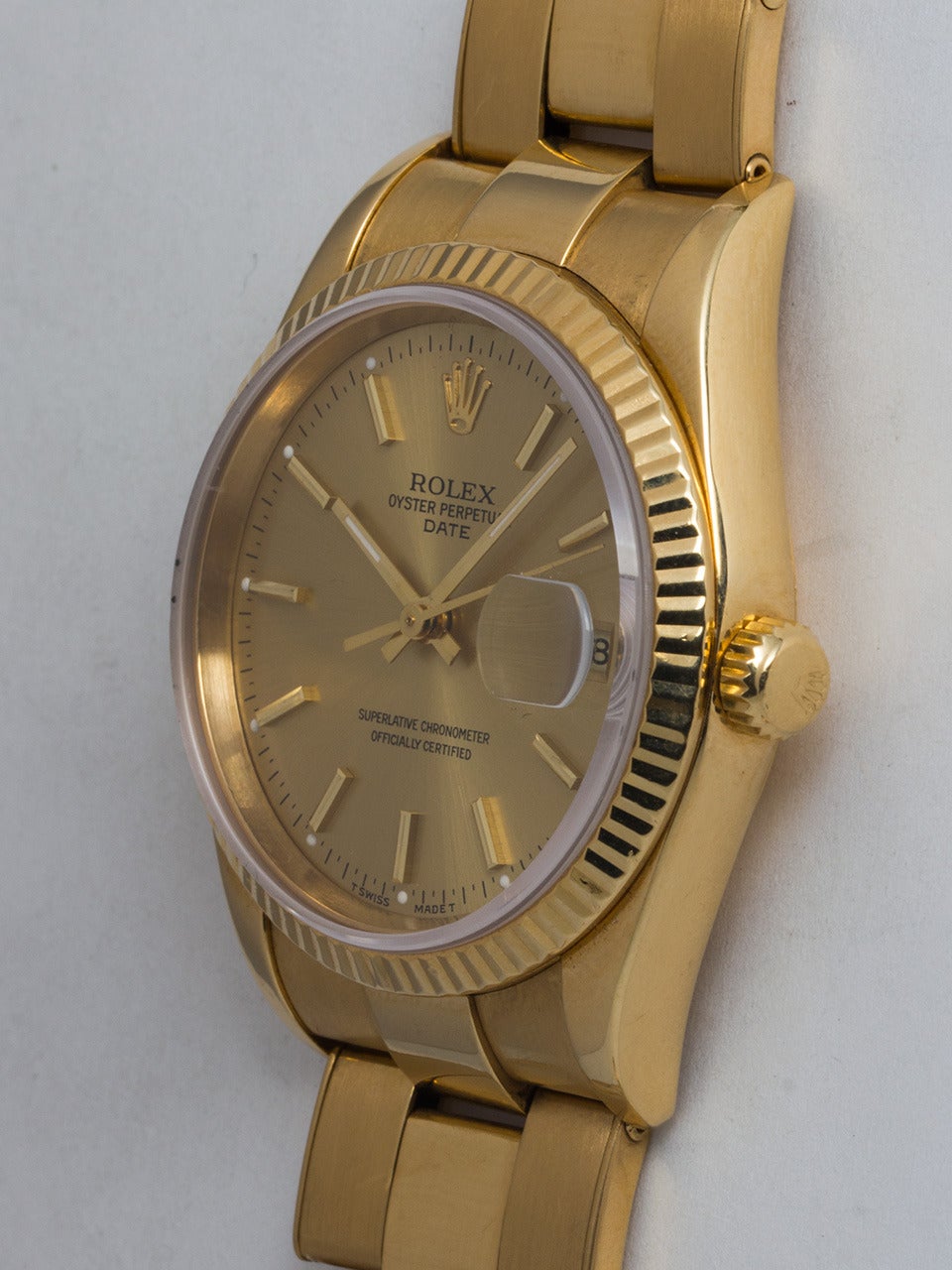 Rolex Yellow Gold Oyster Perpetual Date Wristwatch circa 1995 In Excellent Condition In West Hollywood, CA