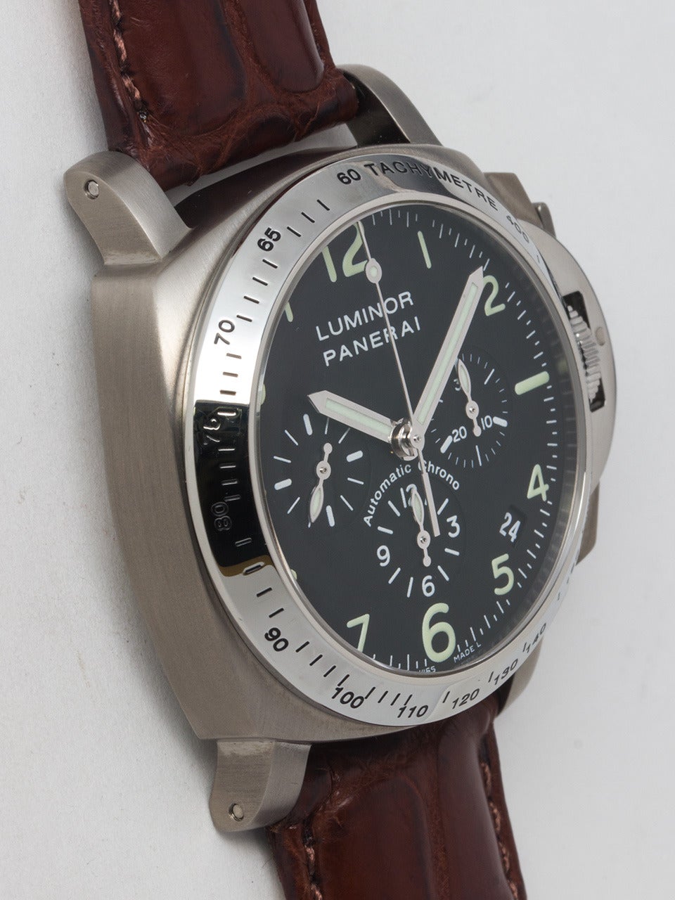 Panerai Titanium Luminor Chronograph Wristwatch, OP 6531, PAM 074. 40mm case with tachometer bezel. Black dial with luminous Arabic numerals and subsidiary dials for constant seconds, minutes, and hours. Automatic calibre 400Z movement with date.
