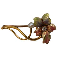 Art Nouveau Enamel Yellow Gold Flower Brooch