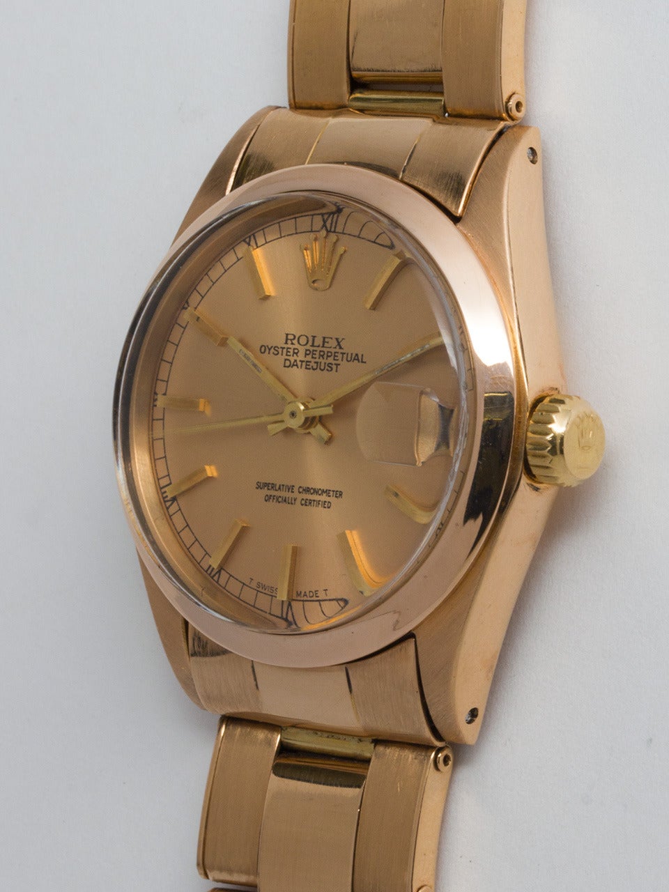 Women's or Men's Rolex Rose Gold Midsize Datejust Wristwatch circa 1966