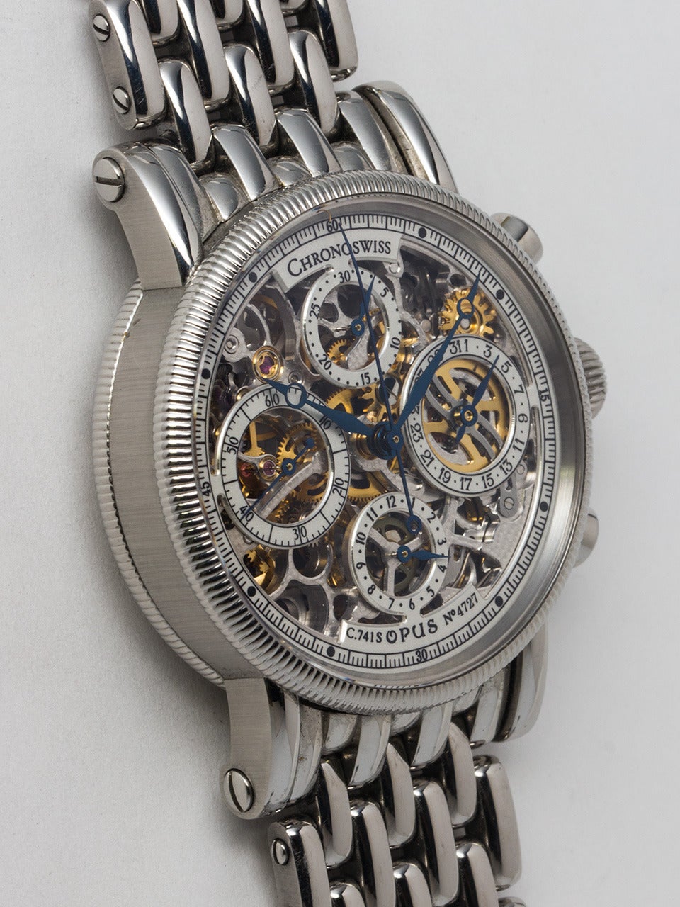 Chronoswiss Stainless Steel Opus Automatic Skeletonized chronograph wristwatch, Ref. 7523, circa 2000. 38mm diameter, 15mm thick case with milled bezel, sapphire crystal. Fully skeltonized silvered dial with registers for hours, minutes, constant
