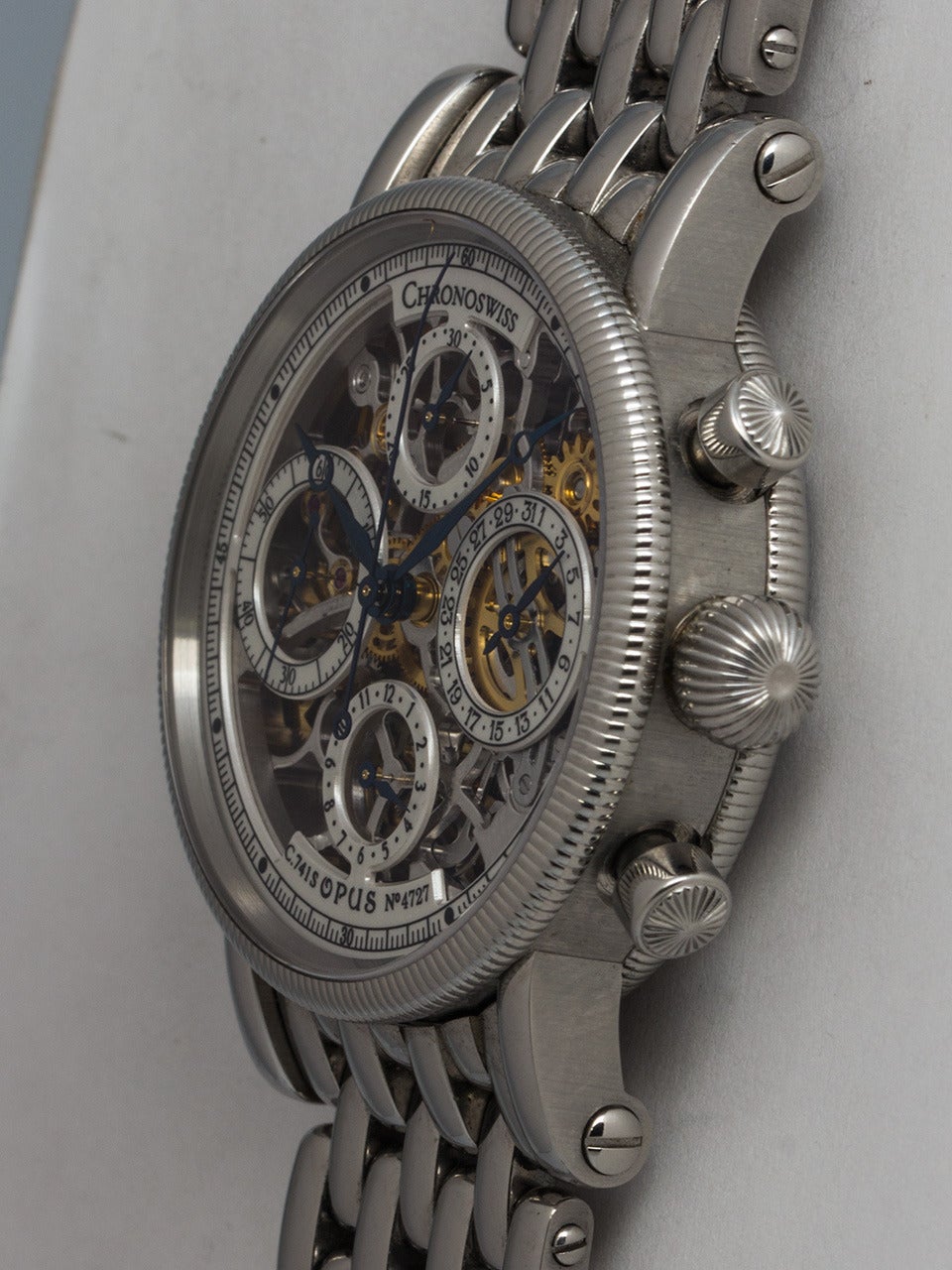 Chronoswiss Stainless Steel Opus Skeletonized Chronograph Wristwatch circa 2000 In Excellent Condition In West Hollywood, CA