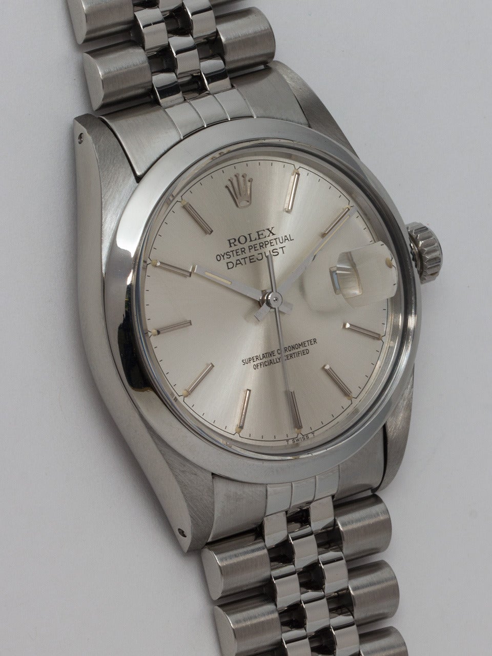 Rolex Stainless Steel Datejust Wristwatch, Ref. 16030, serial number 9.7 million, circa 1987. 36mm case with smooth bezel and acrylic crystal. Unusual original silvered dial with a special minute track printed outside the luminous dots. Powered by a