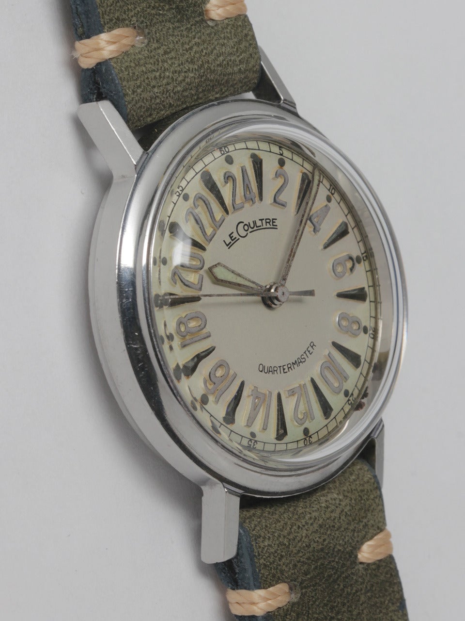 LeCoultre Stainless Steel Quarter Master Wristwatch, circa 1950s. Extremely rare made in a production of only 2500 examples, 24-hour military-time watch, 33mm case with screw back. Original matte silvered dial with raised stylized 24 hour numerals.