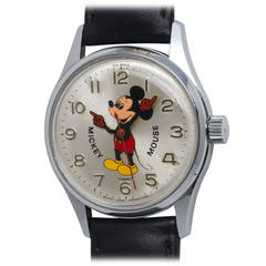 Vintage Helbros Chromed Metal Mickey Mouse Wristwatch circa 1960s