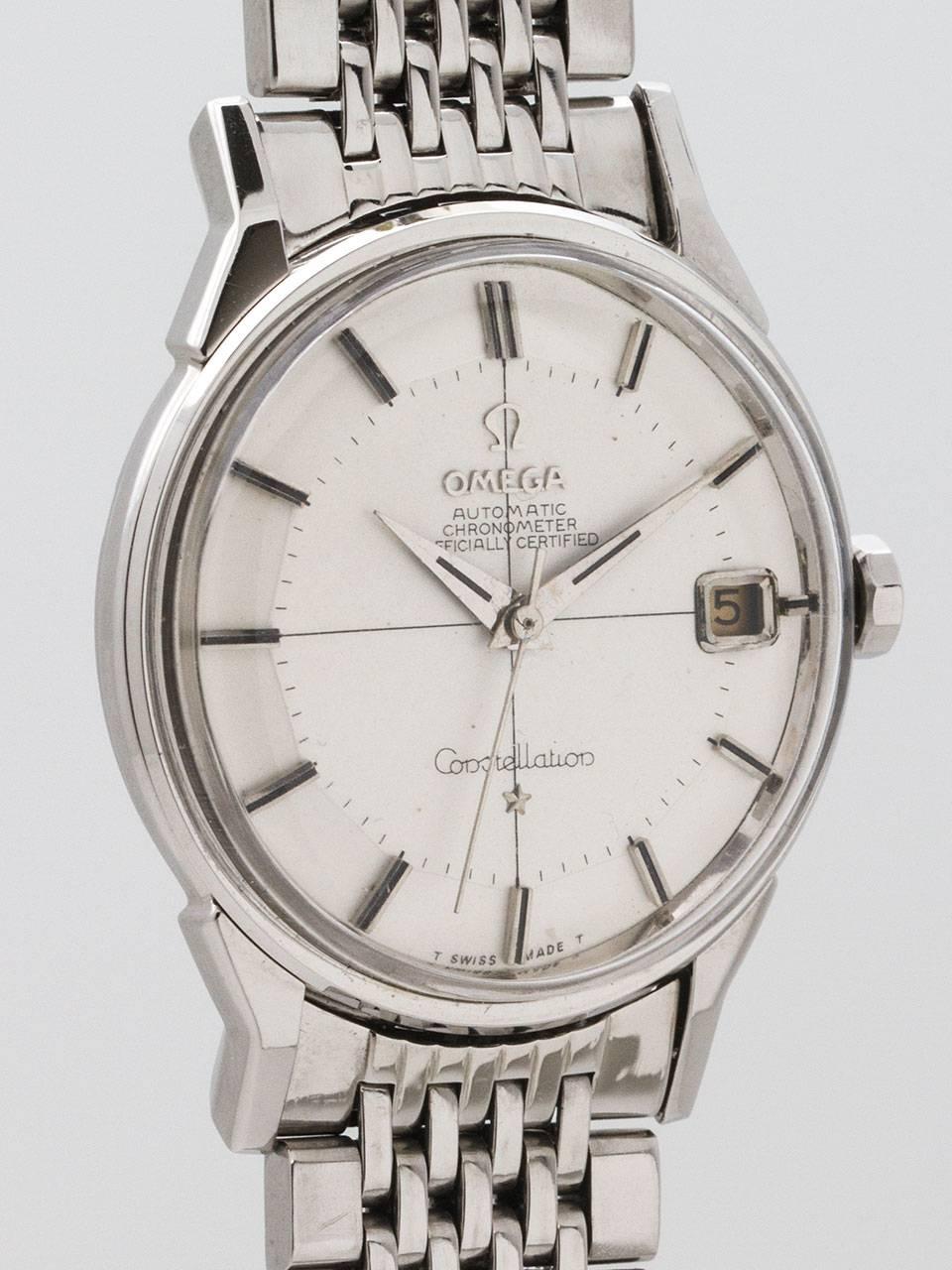 Omega Stainless Steel Constellation ref 14900 movement serial #19 million circa 1962. Beautiful condition example with sharp condition case measuring 34 x 43mm. Minty condition original 2 tone silvered satin pie pan dial with applied silver indexes
