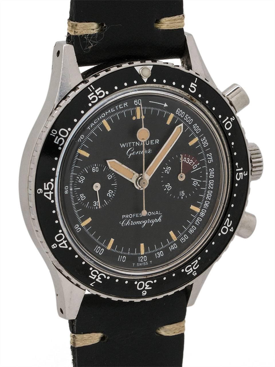 Wittnauer Geneve Stainless Steel Professional Chronograph circa 1960s. Featuring large 41 X 47mm case with screw down back, wide black elapsed time bezel, acrylic crystal and round chronograph pushers. Very pleasing black original dial with patina’d
