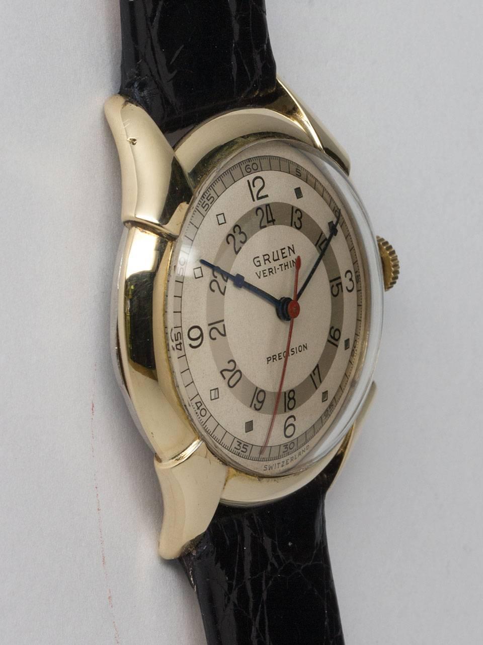 Gruen Yellow Gold Filled Veri-Thin Precision Pan American circa 1945. Very popular, great condition model featuring 32 x 38mm case with nicely contoured lugs. Exceptional condition original 2 tone 24 hour dial with eccentric blued steel hands.