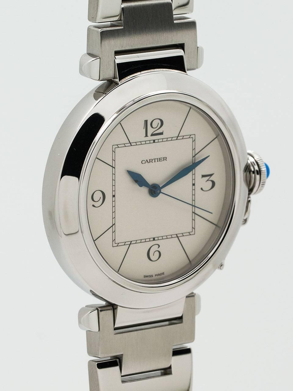 Cartier Stainless Steel Pasha C reference W31072M7 circa 2000s. Oversize 42mm case with wide smooth bezel and sapphire crystal. Antique silver grained dial with blued steel kite shaped hands and oversize sweep seconds. With cabochon sapphire capped