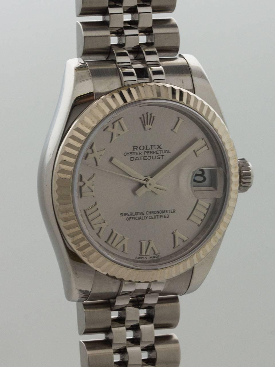 Rolex Stainless Steel Datejust Midsize ref 178274 serial no. V6 circa 2011. This example is the newer style Rolex with more robust case design and newer style heavier bracelet and clasp. Featuring a 31mm diameter case with 18K white gold fluted