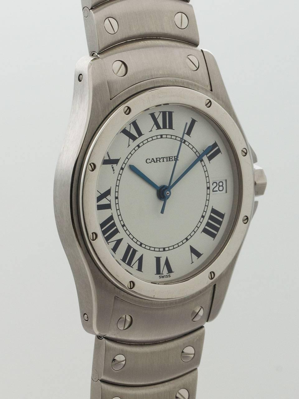 Cartier Stainless Steel Santos Ronde circa 2000s. Man’s model featuring 34mm diameter case and cabochon sapphire crown. Featuring classic white dial with Roman printed figures. Powered by self winding movement with sweep seconds and date. Stainless