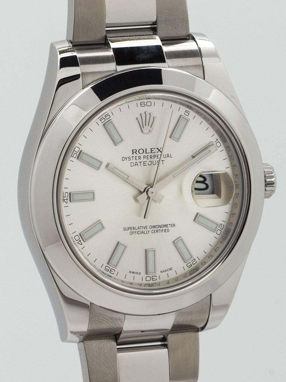 Rolex Stainless Steel Datejust ll ref 116300 random serial #77F circa 2013. 
New style large 41mm Oyster case with wide dome bezel and sapphire crystal. Silvered satin dial with broad luminova indexes and broad baton hands. Powered by self winding