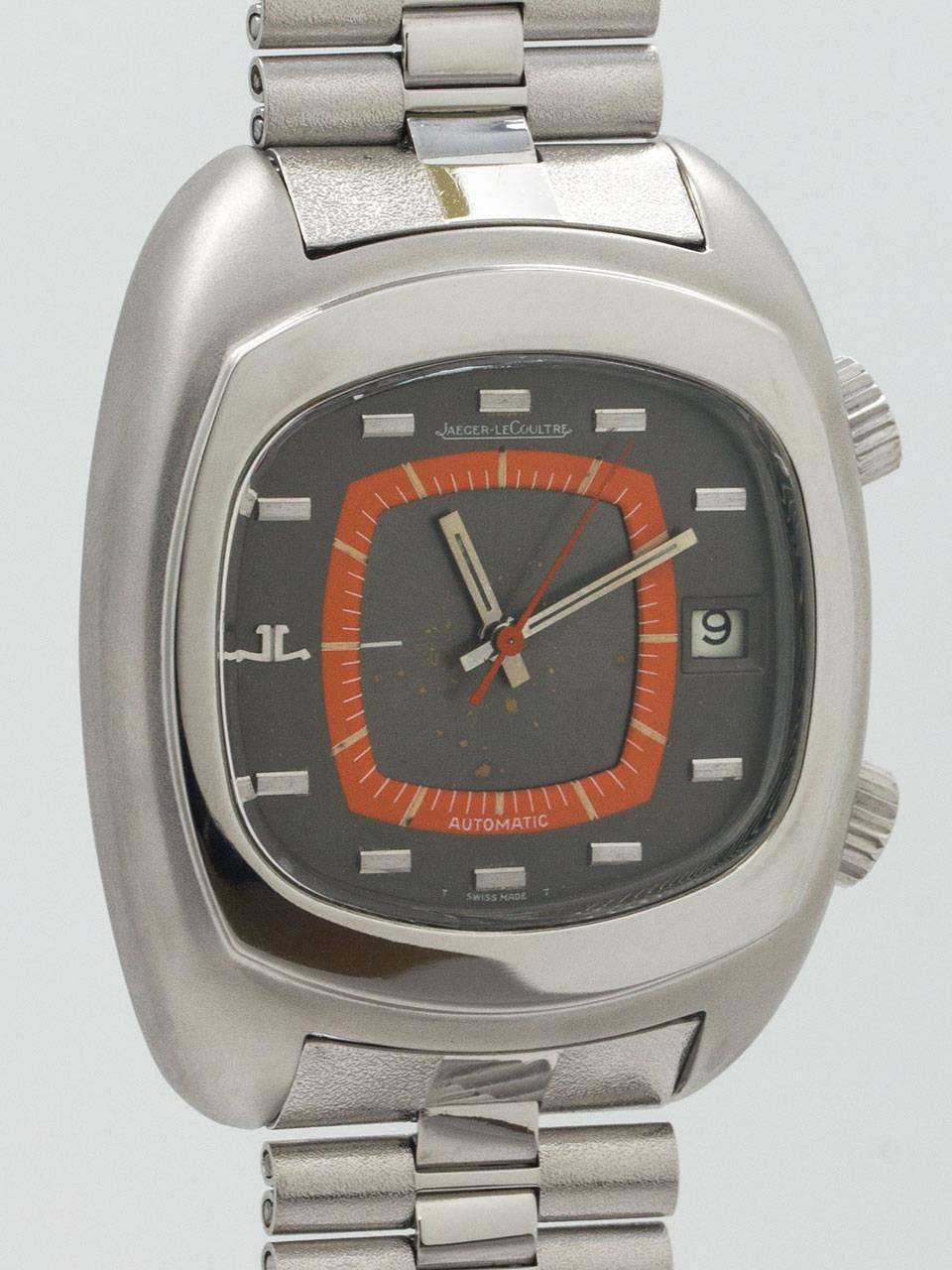 Jaeger LeCoultre Alarm Wristwatch ref E871 circa 1970s.  38 x 45mm “TV screen” shaped alarm model. Beautiful original orange and charcoal dial with applied silver indexes and silver baton hands. Powered by self winding calibre 916 movement with
