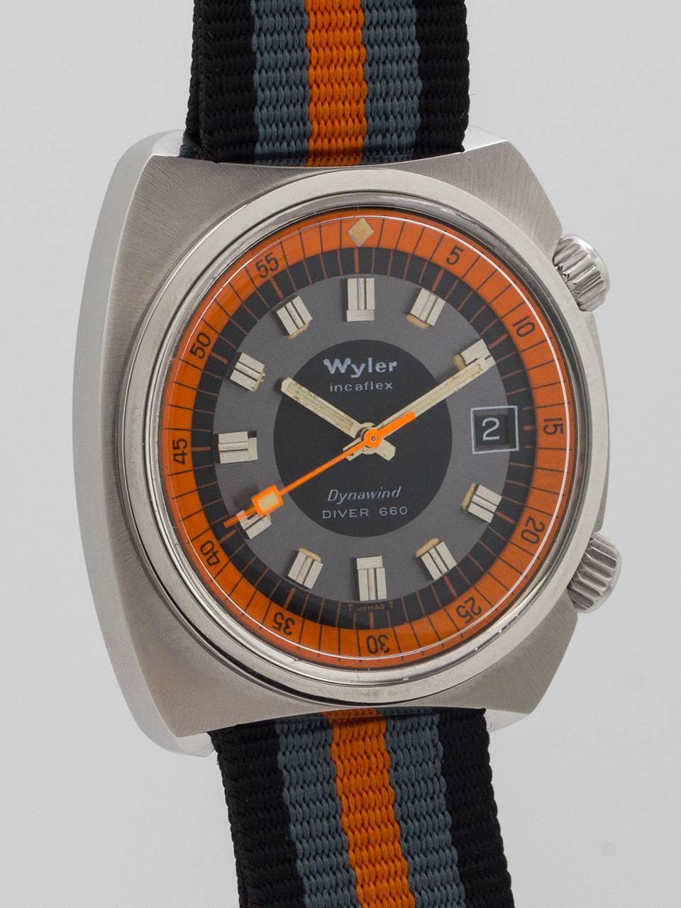 Wyler Stainless Steel Dynawind Divers 660 Wristwach circa 1960s. Great condition bowed tonneau shaped case with screwed back, dual crowns, top crown to advance inner rotating bezel. Beautiful condition original “target” pattern dial with bold black,