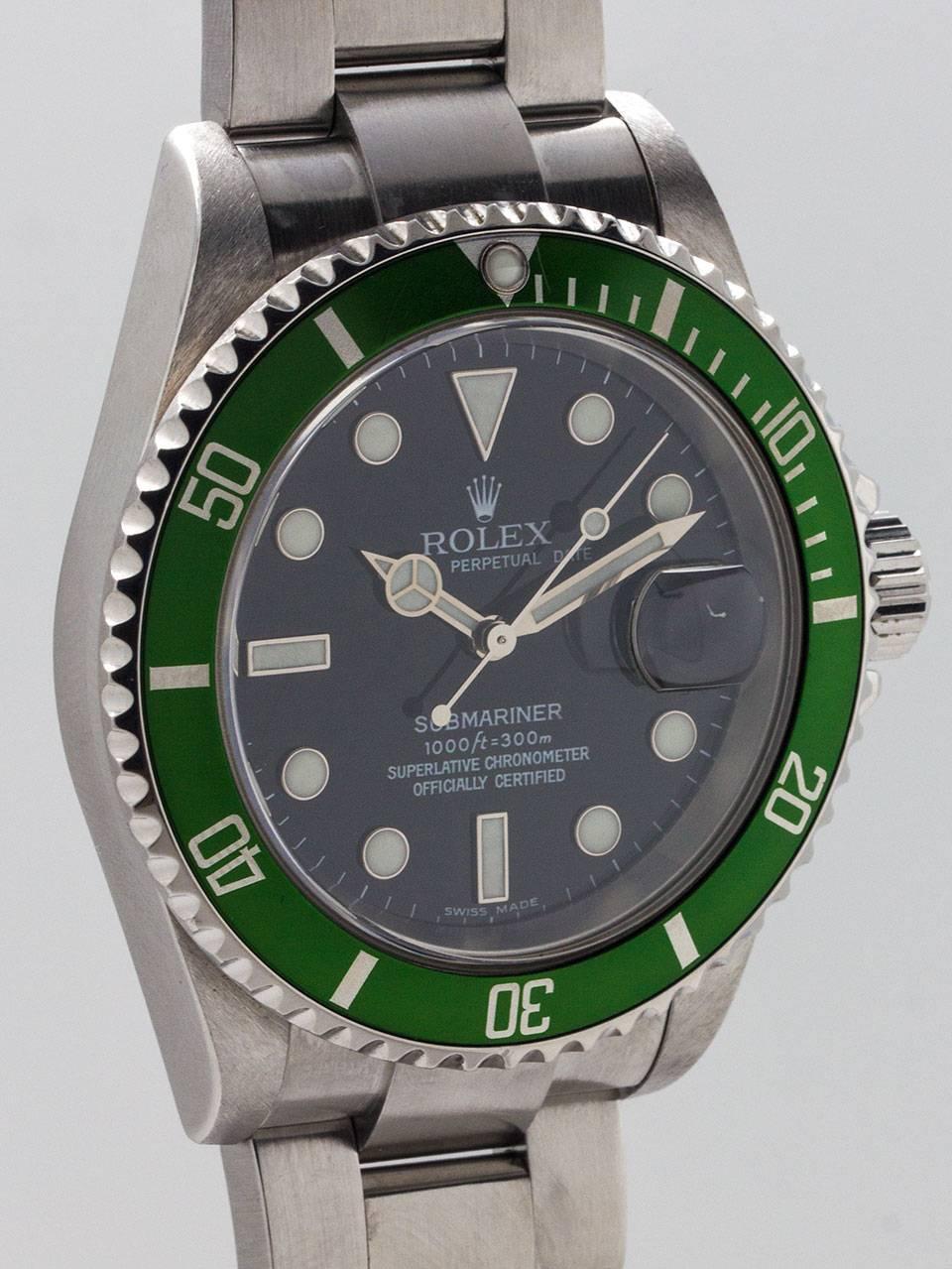 Rolex Stainless Steel Anniversary Submariner ref 16610T, first generation F3 serial number, circa 2003. Made in honor of 50 years production of the Rolex Submariner.  40mm diameter case with sapphire crystal and first generation emerald green bezel