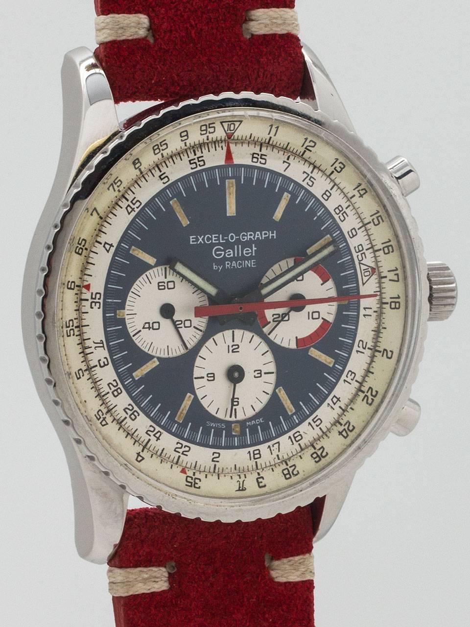 Gallet by Racine Stainless Steel Excel-O-Graph Wristwatch circa 1960s. Large and impressive 3 registers manual wind chronograph. Unusual model featuring 40mm Breitling Navitimer style case with pie crust rotating bezel, round pushers and heavy snap