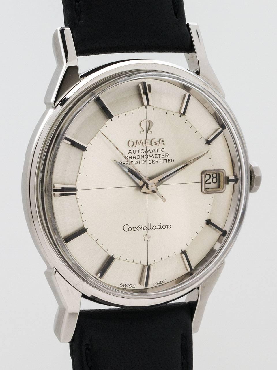 Omega Stainless Steel Constellation Wristwatch ref 14900-62 SC circa 1962. Featuring a 34 x 43.5 mm case with heavy snap down back with deeply embossed Observatory logo. Beautiful condition original pie pan dial with cross hairs design and applied