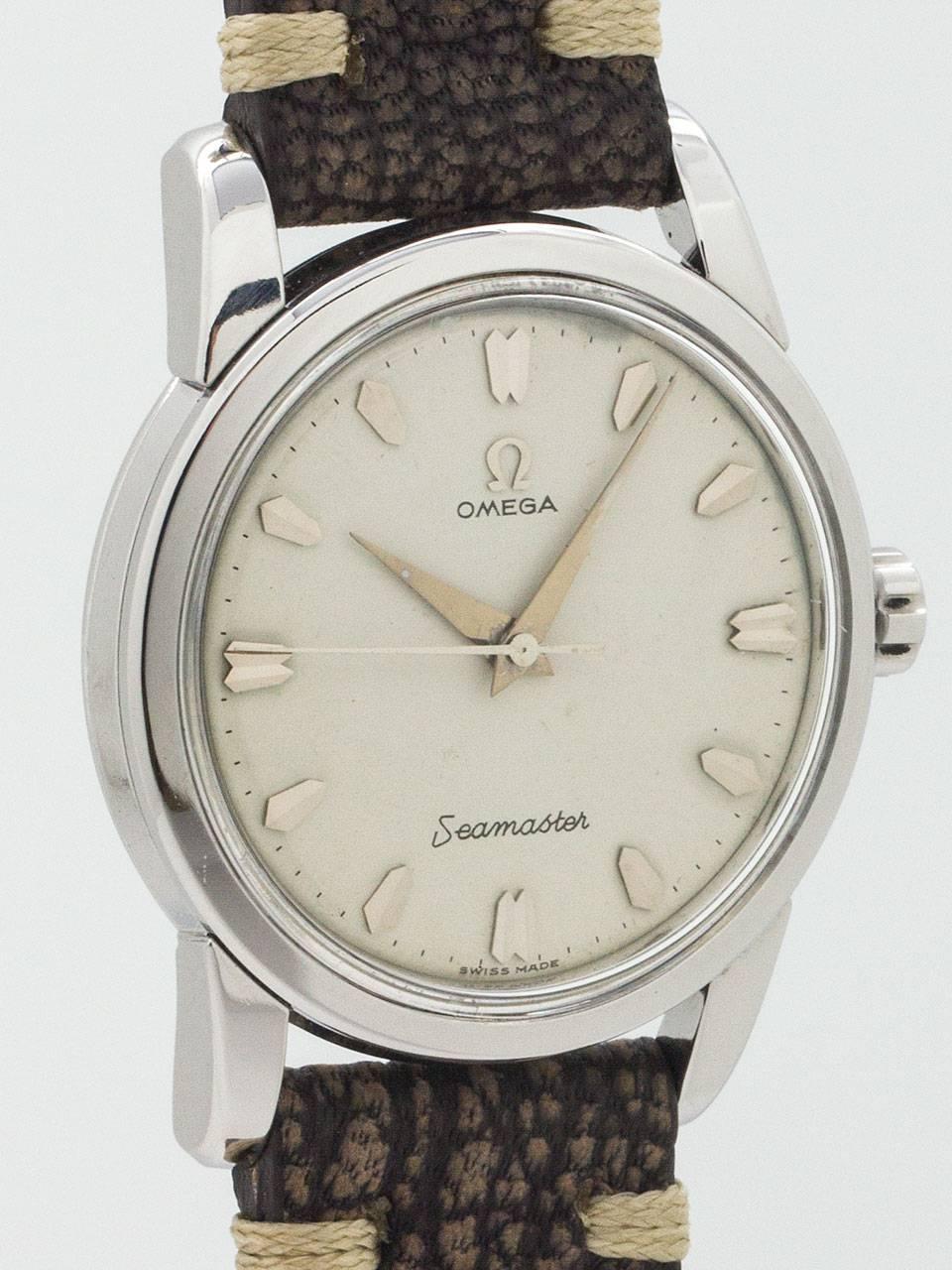 Omega Stainless Steel Seamaster Automatic Wristwatch ref 2759-02761  circa 1950s. Featuring 34 X 41mm heavy snap back case with wide bezel, elongated lugs and special Omega crown. Featuring acrylic crystal and very pleasing original antique white