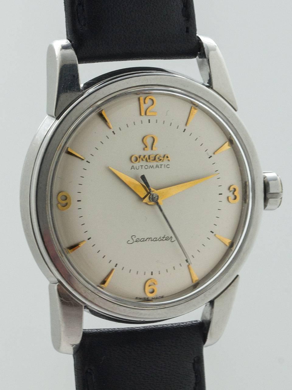 Omega Stainless Steel Seamaster Automatic Wristwatch circa 1950s. 34 X 42mm heavy snap back case with acrylic crystal. Very pleasing original matte silvered dial with gold applied indexes and gold tapered alpha hands. Powered by self winding