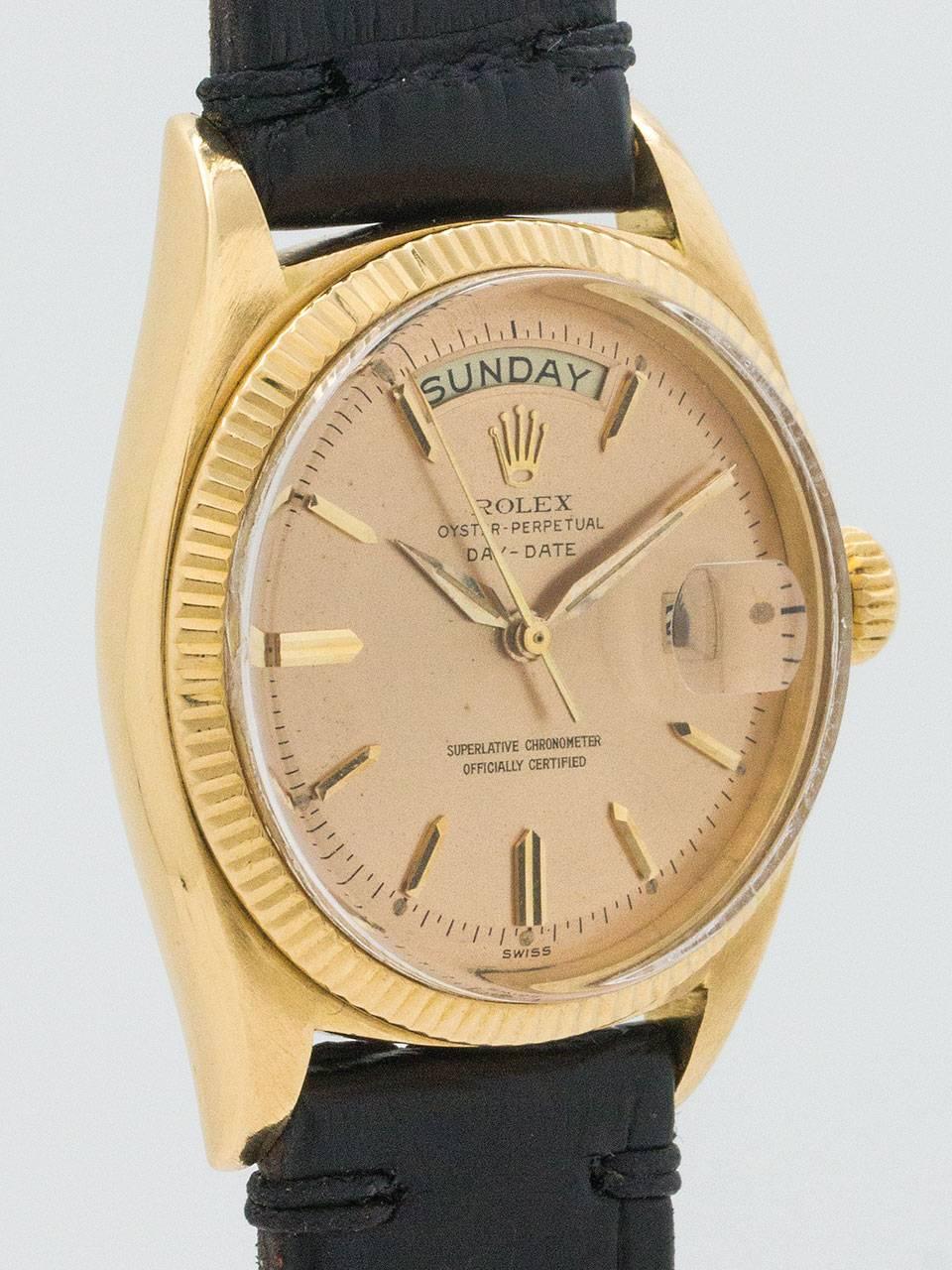 Rolex 18K Yellow Gold Day Date President ref 1803 serial number 610,xxx circa 1968. 36mm diameter case with fluted bezel and acrylic crystal. Exceptional original antique rose dial with applied gold indexes and early style tapered dauphine hands.