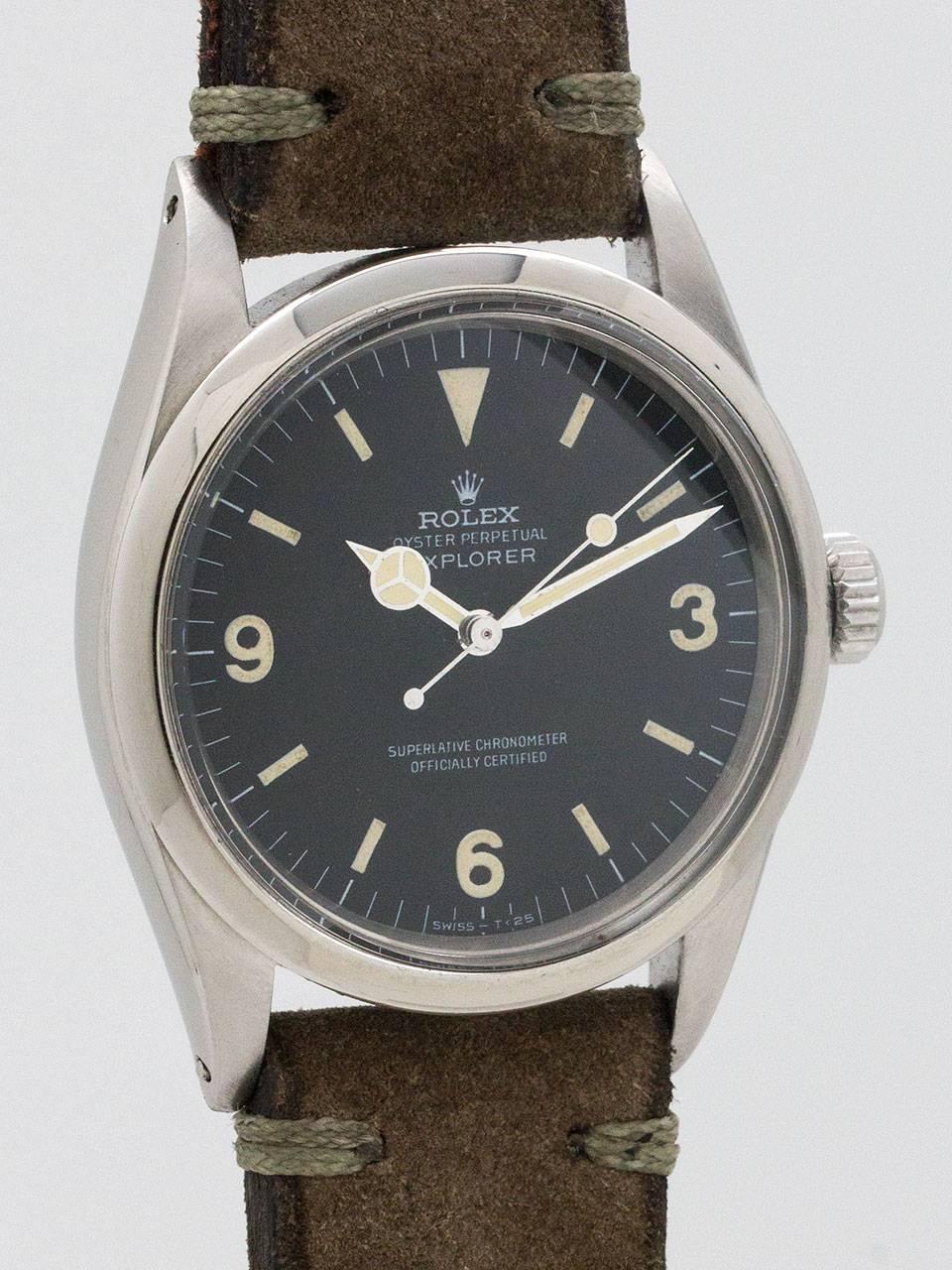 Rolex Stainless Steel Explorer 1 Wristwatch ref 1016 serial number 2.5 million circa 1969. 36mm diameter case with smooth bezel and acrylic crystal. Original matte black dial with ivory color original luminous indexes and closely matching luminous