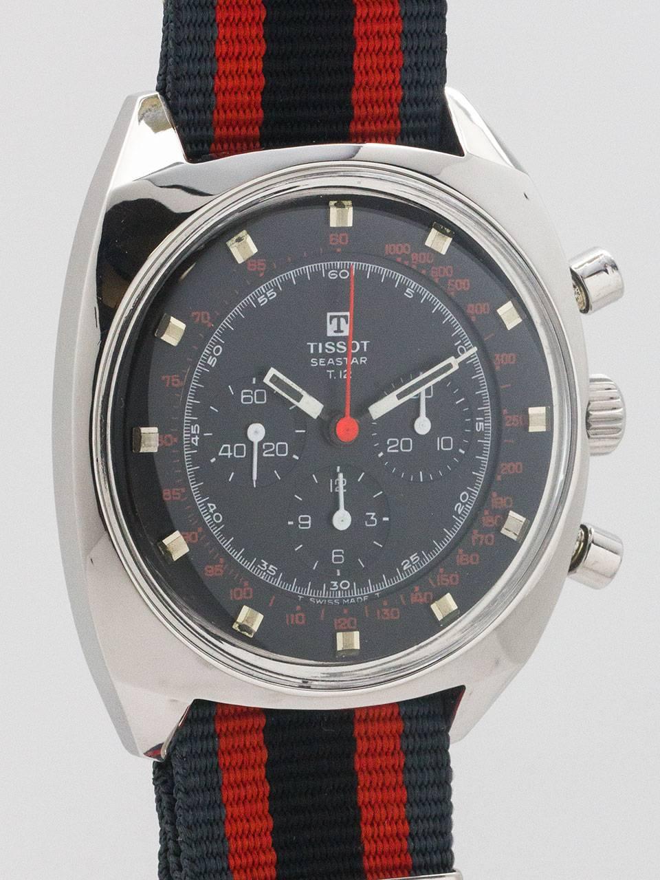 Tissot Stainless Steel Seastar T-12 Chronograph Wristwatch circa 1970’s. Featuring large 40 x 48mm cushion shaped case with contoured rounded angles and dome acrylic crystal. A great looking original black dial with recessed registers, with white