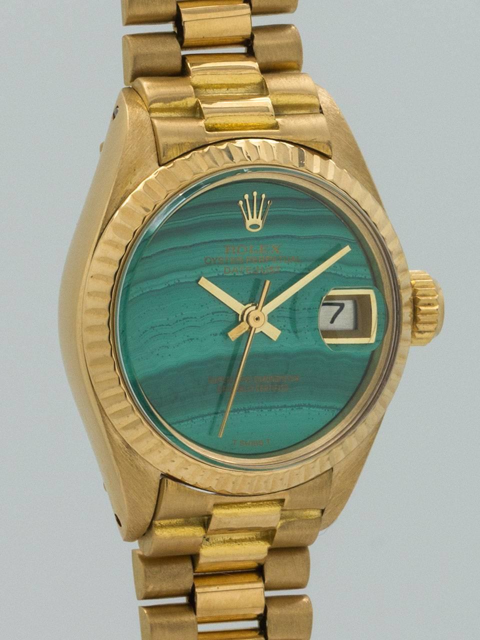 Rolex 18K Yellow Gold Lady's President Malachite Dial Wristwatch ref 6918 circa 1978. 27mm diameter Oyster case with fluted bezel, acrylic crystal and signed crown. Original factory Malachite stone dial with applied gold hands, Rolex crown and date