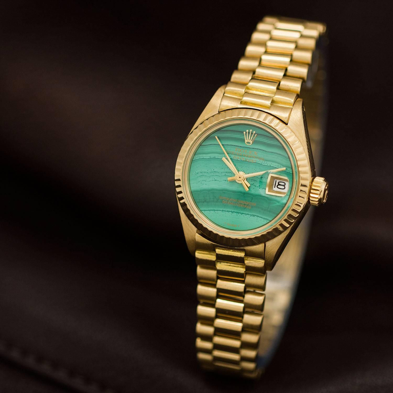 Women's Rolex Lady's Yellow Gold President Malachite Dial Wristwatch Ref 6918