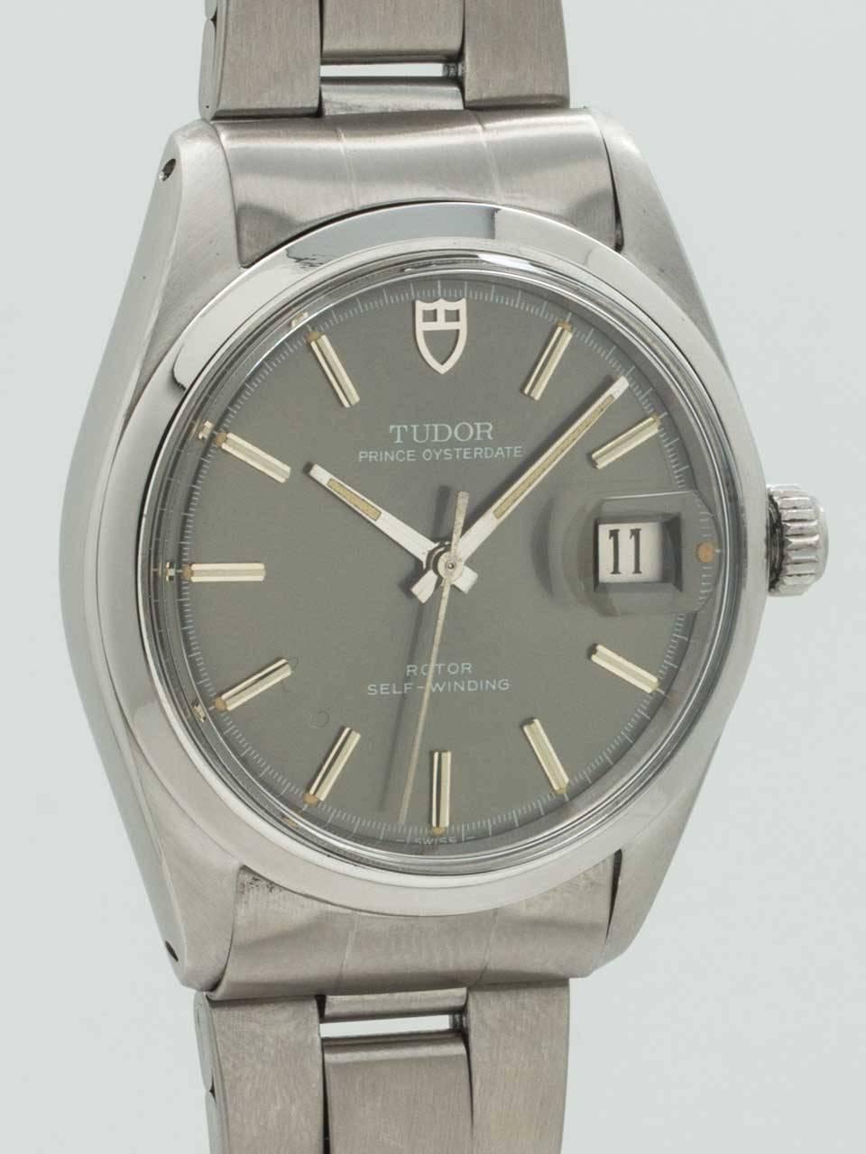 Tudor Prince Oyster Date Wristwatch ref 70500 circa 1970’s. 34mm diameter case with smooth bezel and acrylic crystal. Original gray dial with applied silver indexes and silver baton hands. With original unrestored luminous dots. Powered by self