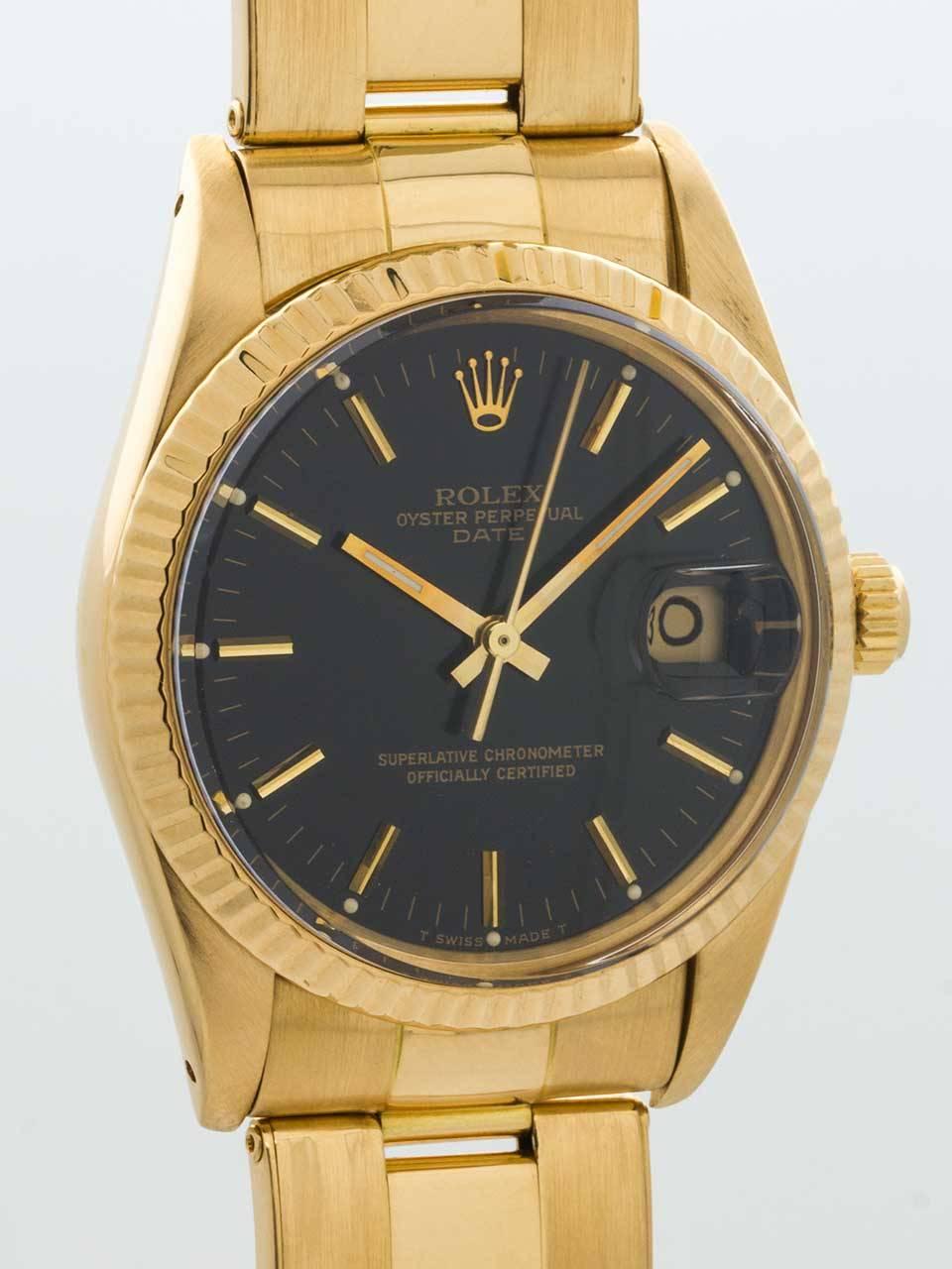 Rolex 18K Yellow Gold Oyster Perpetual Date Wristwatch ref 15038 serial number 9.8 million circa 1985. 34mm diameter man’s model with fluted bezel and acrylic crystal. Original black gloss dial with applied gold indexes and gilt baton hands. Powered