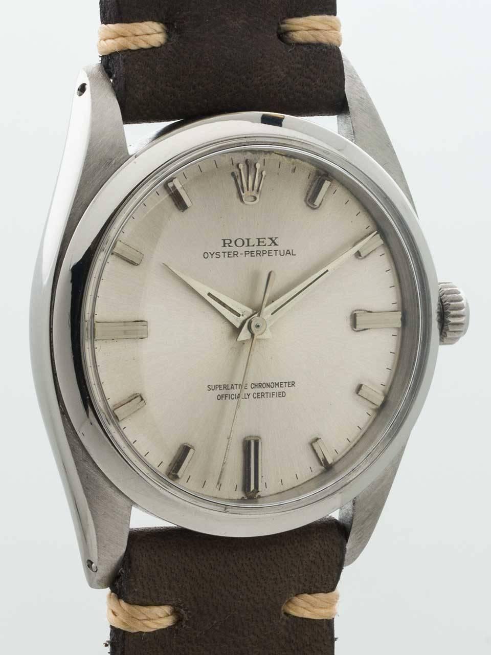 Rolex Stainless Steel Oyster Perpetual Wristwatch ref 1018 serial number 853,xxx circa 1962. Scarce 36mm model, same size as popular ref 1016 Explorer 1. With smooth bezel and acrylic crystal. Original silvered satin dial with applied silver indexes