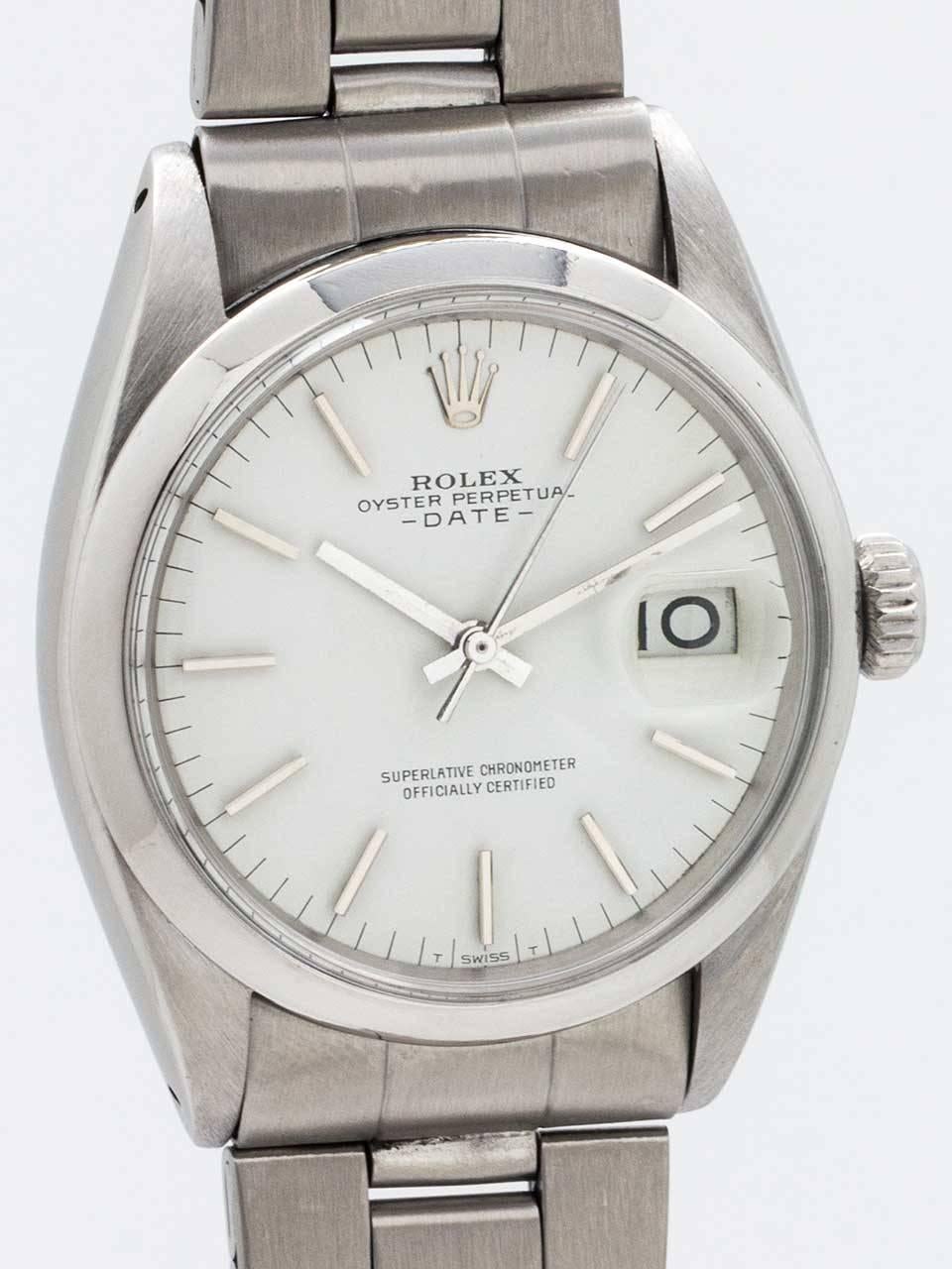 Rolex Stainless Steel Oyster Perpetual Date Wristwatch ref 1500 serial number 1.7 million circa 1968. 34mm diameter case with smooth bezel and acrylic crystal. Original snow white dial with applied silver indexes and silver baton hands. Powered by