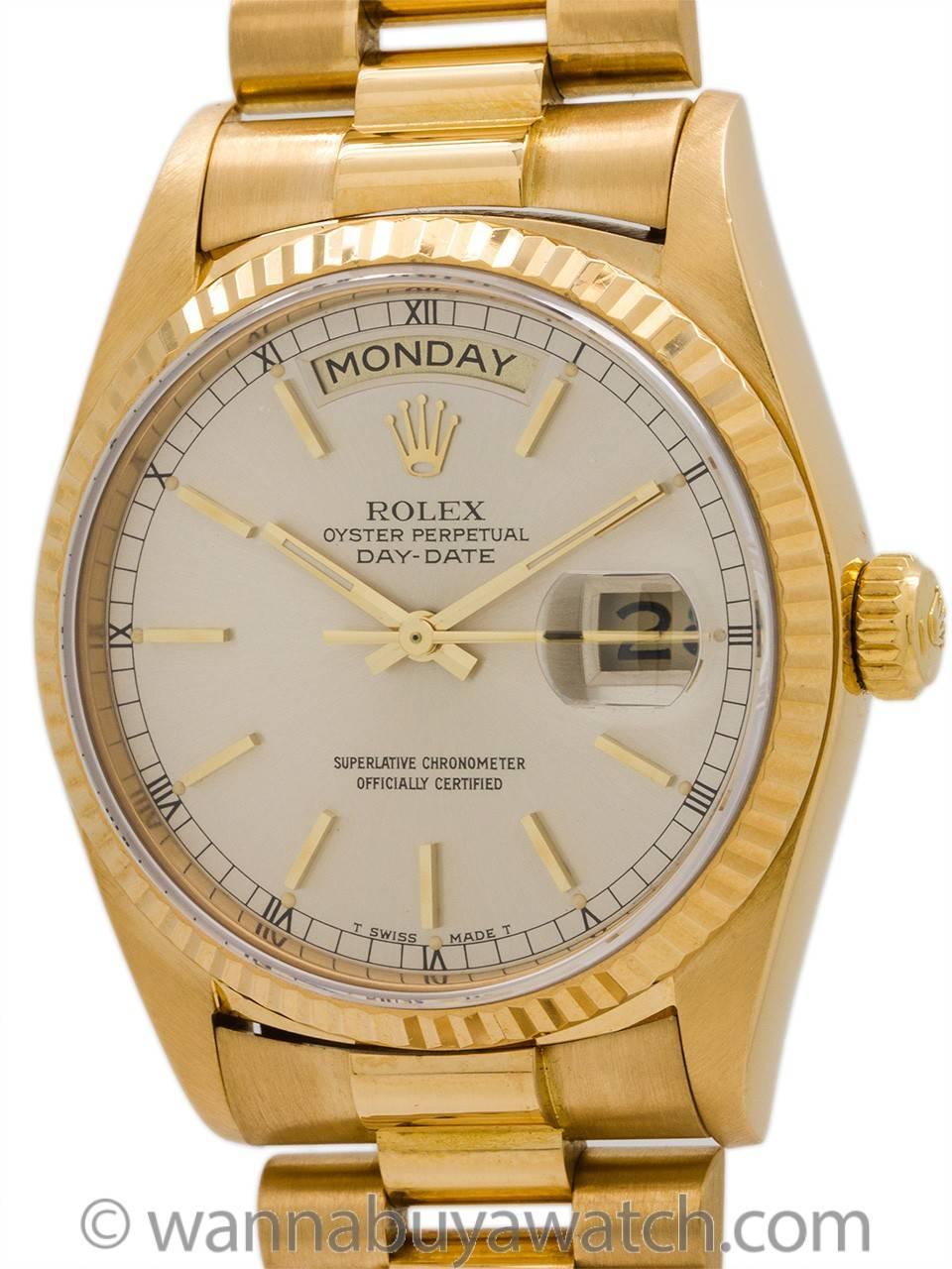 Rolex 18K YG Day Date President ref 18038 circa 1980’s. 36mm diameter full size man’s model with sapphire crystal and fluted bezel. Original champagne dial with applied gold indexes and gold baton hands. Powered by calibre 3155 movement with quick