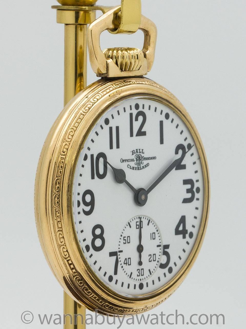 Ball Hamilton Railroad pocket watch grade 999B circa 1930’s. Featuring 16 size 10K yellow gold filled Ball Keystone open face case in very nice condition. With very nice condition “double sunk” white enamel dial with blued steel spade hands. Powered