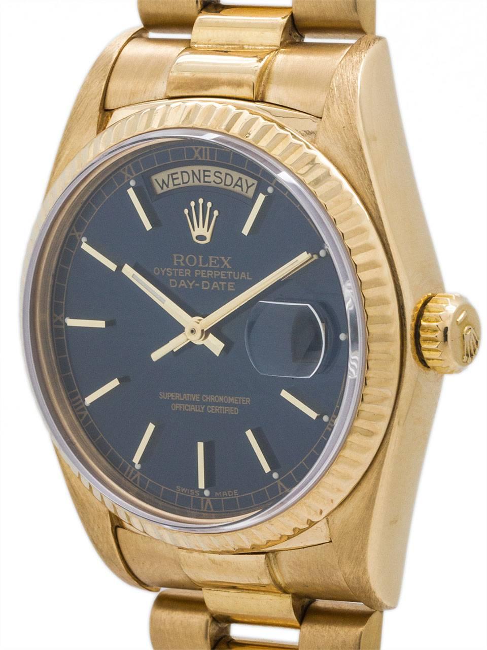Rolex 18K Yellow Gold Day Date President ref 18038 serial no 9.8 million circa 1987. Featuring 36mm full size man’s model with fluted bezel, sapphire crystal and screw down crown. Lovely blue dial with applied gold indexes and gilt baton hands.