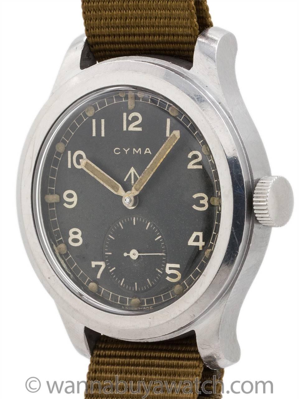 British Military issue Cyma wristwatch circa 1940’s. Great condition large size 38 X 44 robust screw back case with very nice condition original matte black dial with nicely patina’d large luminous indexes and matching luminous pencil style hands.