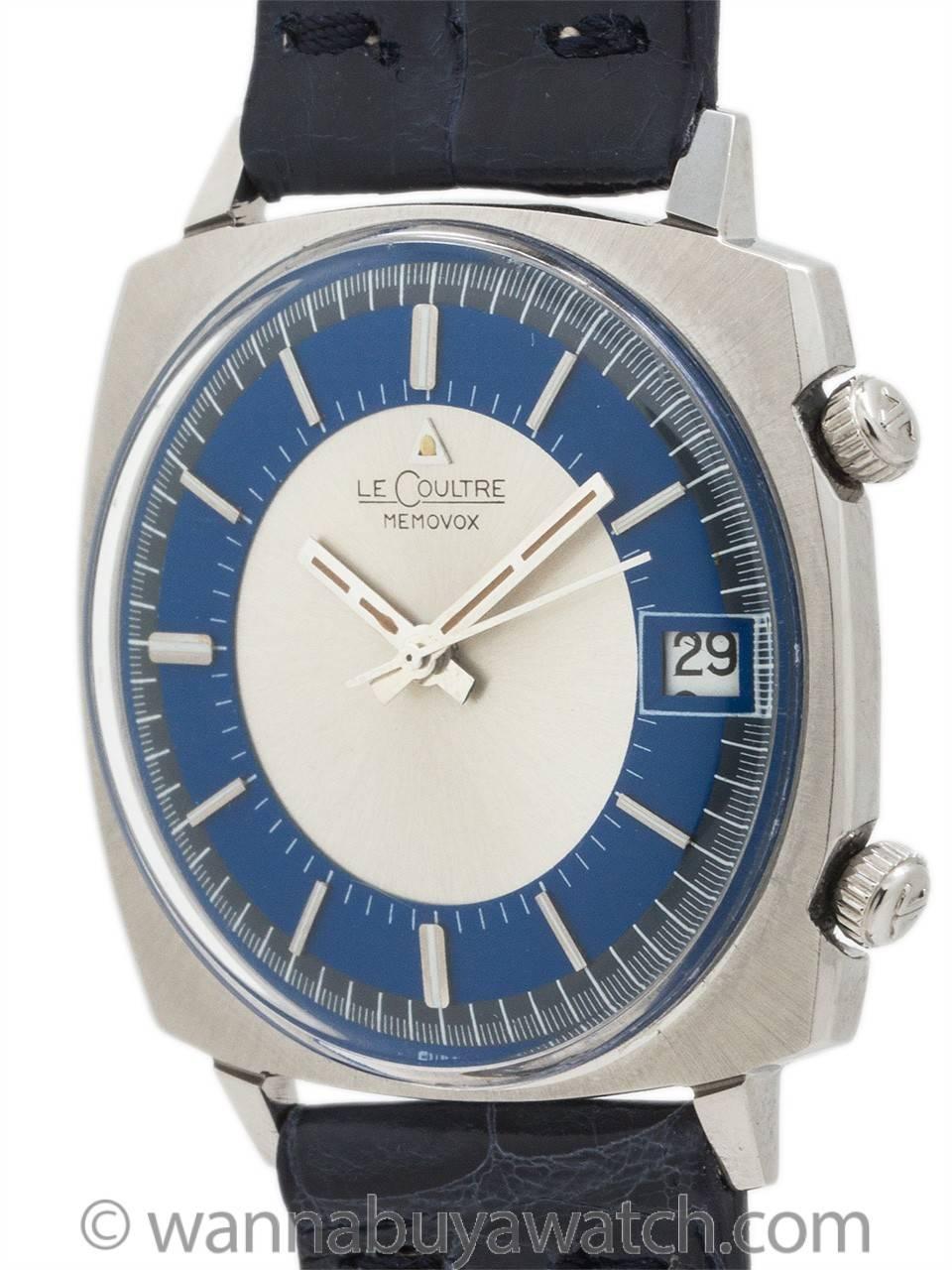 Lecoultre Memovox Alarm circa 1960’s
$2,250.00
 
LeCoultre manual wind Memovox alarm circa 1960’s. Great looking design featuring 35 x 39mm cushion shaped stainless steel case with fine brushed finish bezel, acrylic crystal, and great condition