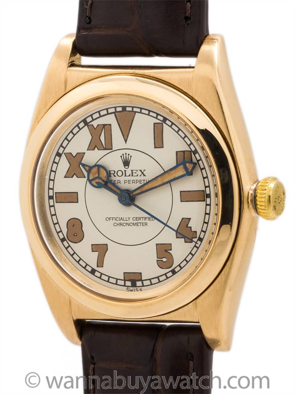 Great looking Rolex Bubbleback ref 3131 circa 1940’s. Featuring 32mm diameter Oyster case with screw down caseback, screw down crown, smooth dome bezel, acrylic crystal, and beautifully restored antique white dial with patina’d 1/2 Roman and 1/2