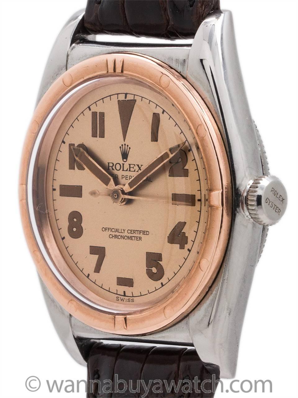 Art Deco Rolex Rose Gold Stainless Steel Bubbleback Wristwatch 1944