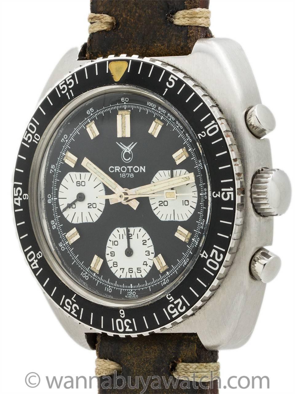 Large 3 registers manual wind reverse Panda dial Croton Swiss diver’s chrongraph circa 1960’s. Featuring a robust 42 x 45mm cushion shaped stainless steel case with sloped and fitted elapsed time bezel showing both hours and minutes, low dome