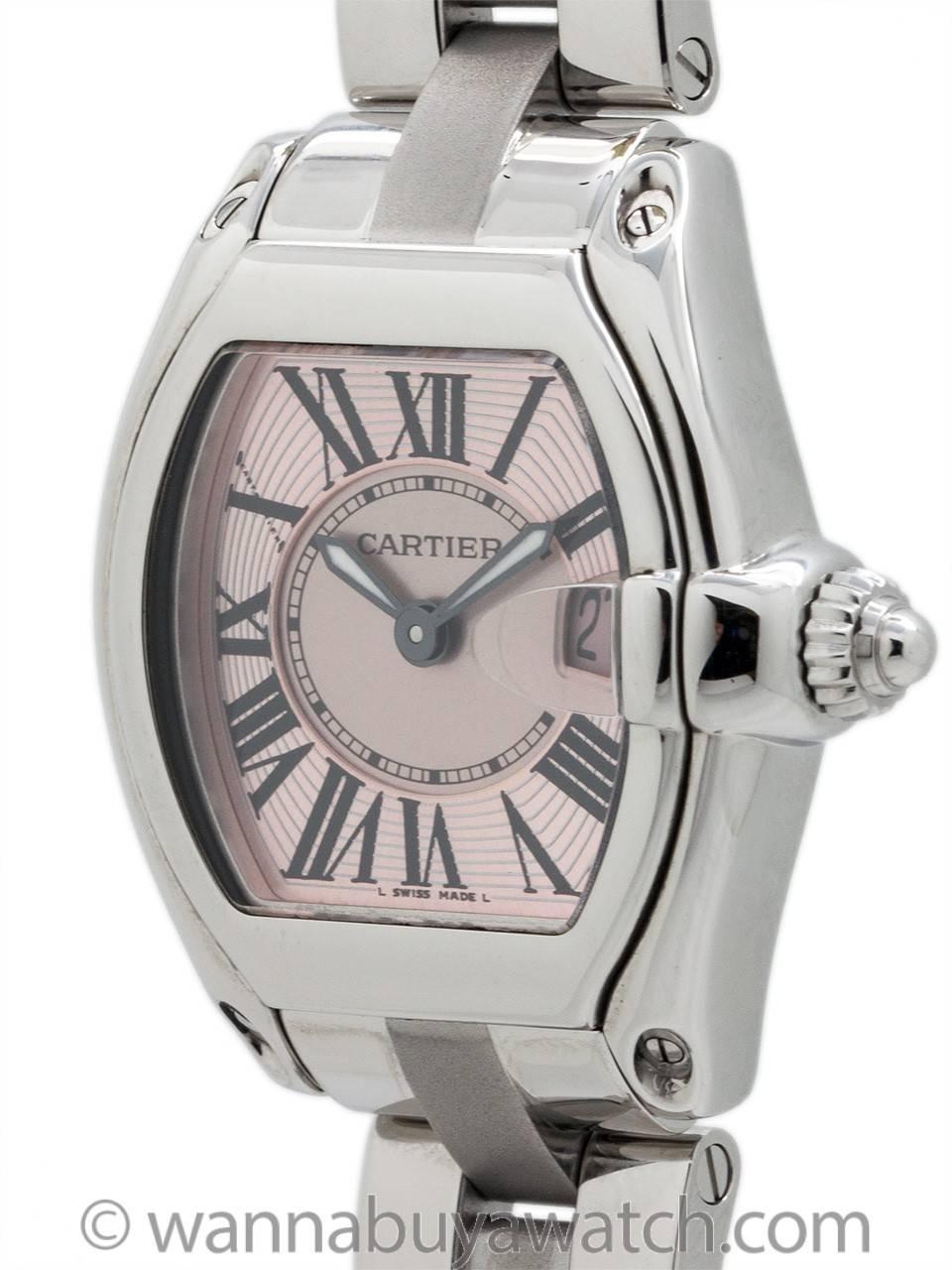Cartier lady Roadster Breast Cancer limited edition circa 2005. Featuring 29 x 36mm tones shaped case with sapphire crystal and date at 3 o’clock. With classic stretch Roman figures dial, with pink outer and inner pink breast cancer ribbon design.