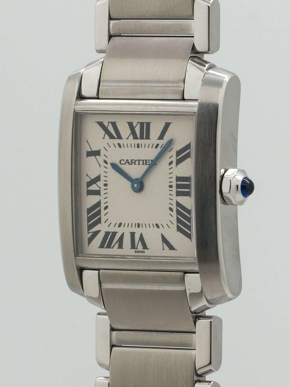 Cartier Stainless Steel Midsize Tank Francaise 26 X 35 mm classic white dial w/ Roman numerals and blue steel hands and sapphire cabochon crown. Battery powered quartz movement. With stainless steel bracelet with  butterfly deployment clasp. Very