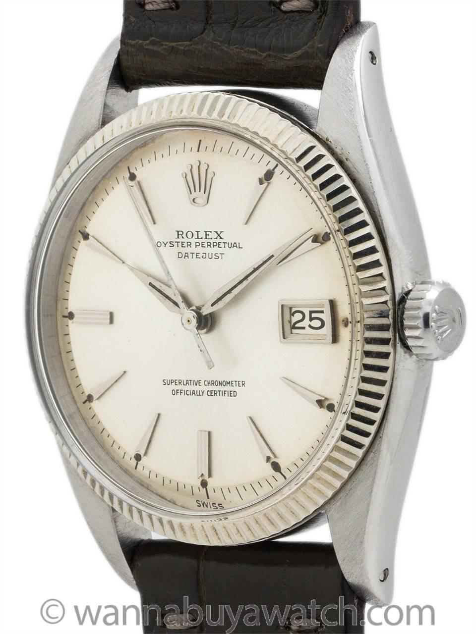 An early, and exceptional condition Rolex Datejust model ref 6605 serial # 539,xxx circa 1959. Wonderful gift commemorating 1959 birthdays and anniversaries.  Featuring 36mm diameter case with 14K white gold fine milled bezel, acrylic crystal