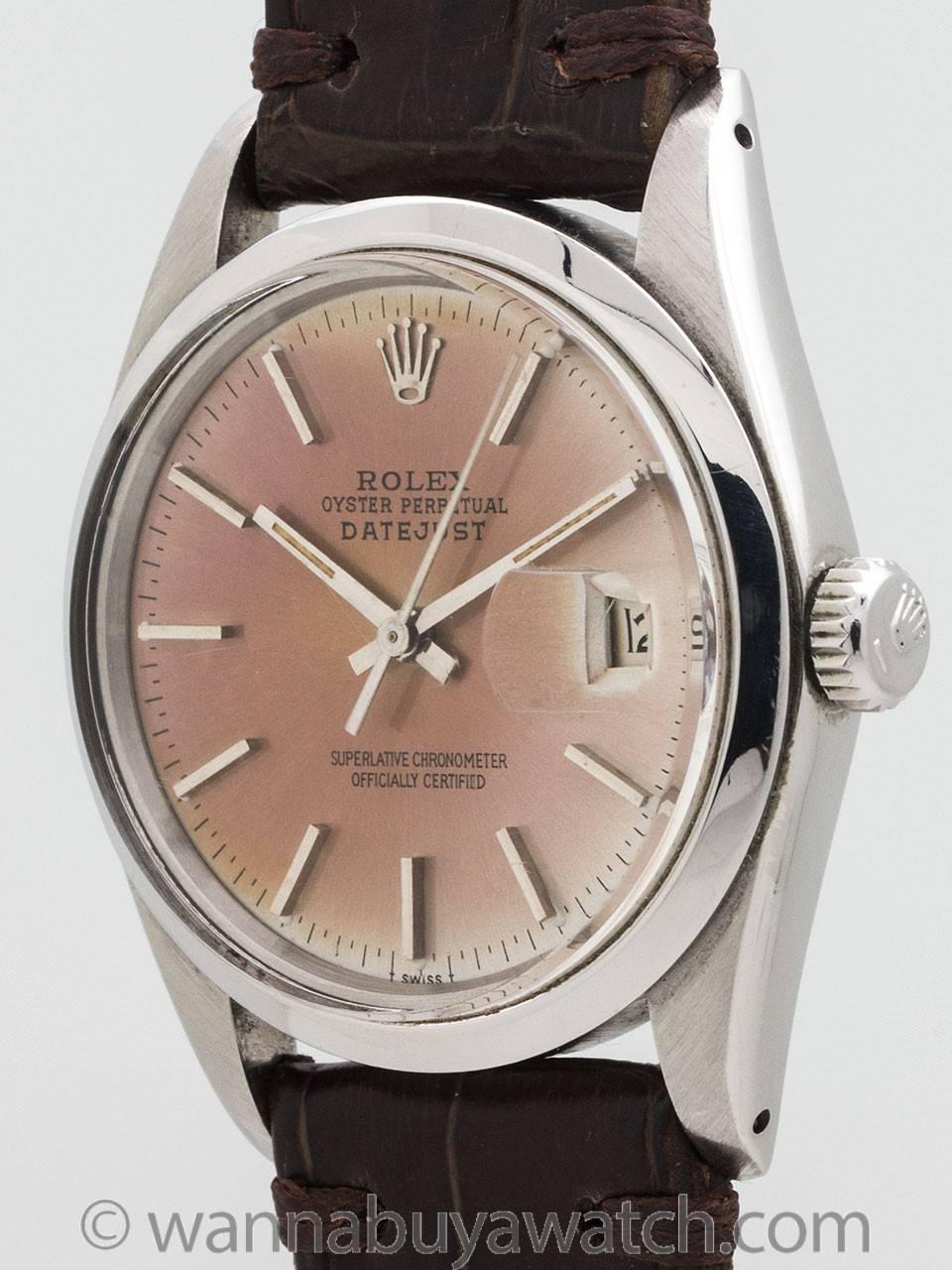 Rolex Datejust stainless steel scarce ref 16000 with richly patina’d original dial case serial #5.5 million circa 1978. Makes a wonderful commemorative gift for 1978 birthdays and anniversaries. Featuring a 36mm diameter case with smooth bezel,