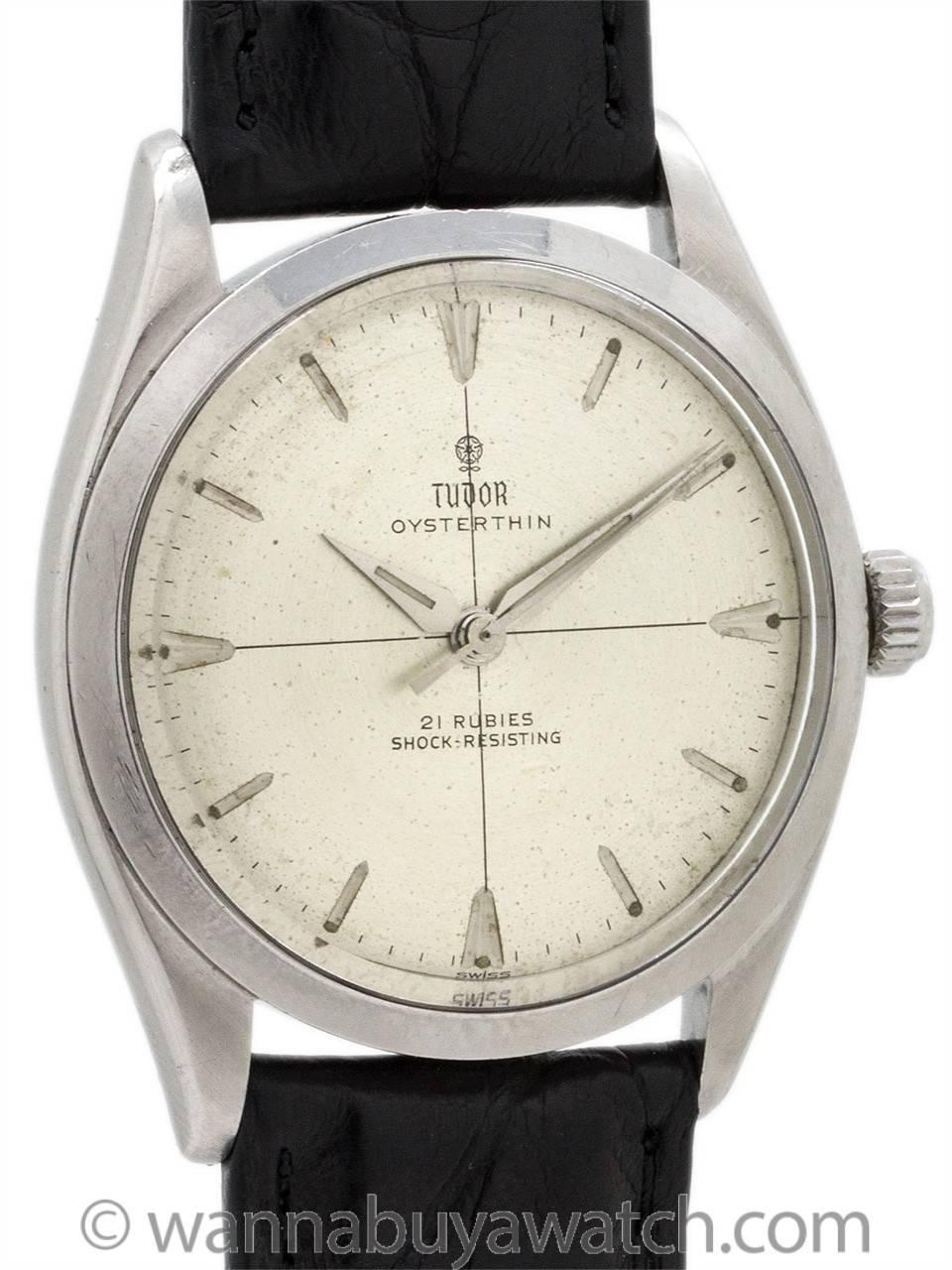 Vintge Tudor Oyster-Thin ref 7960 circa 1960. Unusual model housed in 35mm diameter Oyster case with screw down crown and screw down caseback. Caseback engraved “Original Oyster Case by Rolex Geneva.” Featuring an original matte silver dial with