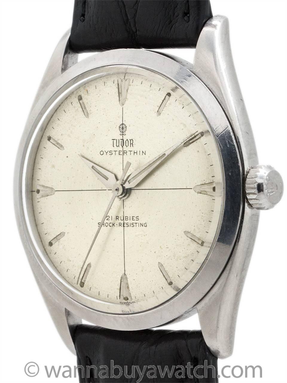 Tudor Oyster-Thin ref 7960 circa 1960. Makes a wonderful commemorative gift for 1960 birthdays and wedding anniversaries. Unusual model housed in 35mm diameter Oyster case with screw down crown and screw down caseback. Caseback engraved “Original