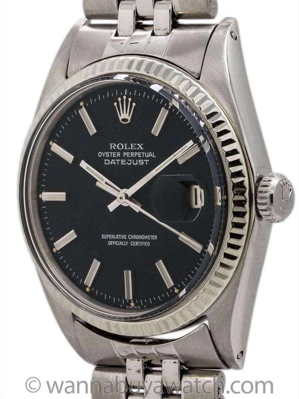Rolex Datejust ref 1601 serial # 1.9 million circa 1968. Makes a wonderful commemorative gift for 1968 birth year and wedding anniversaries. Featuring 36mm diameter Oyster case with 14K white gold fluted bezel, acrylic crystal, and original matte